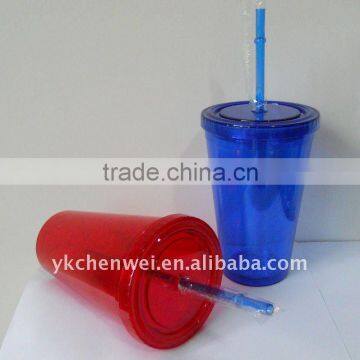 double wall plastic transparent travel drinking beer mugs with straws in Blue & red
