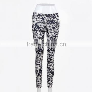 F5W30062 Monochrome Floral Printed Leggings Women Sportwear Pants