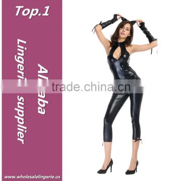 Best selling hot black romper cropped trousers open bust sexy leather catwoman costume