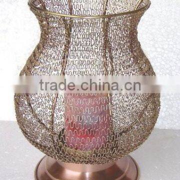 Metal home decoration woven knitted candle pillar holder with copper finish base