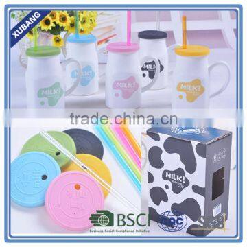More Kid Friendly White Ceramic Cup Honey Milk Mug With Lid and Straw photo-3