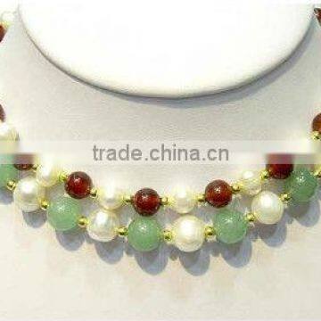 2 rows7-8mm white pearls & red agate & jade design necklace