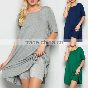 new fashion ladies dress 95% RAYON 5% SPANDEX SOLID JERSEY KNIT ROUND NECK CASUAL DRESS WITH INNER SHORTS