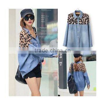 Women Sexy Leopard Denim Suede Button Down Shirt Long Sleeve Lapel Top Blouse