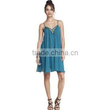 Lady Fashion Adjustable Spaghetti Strap Middle Length Neck Beaded Chiffon Beach Dress