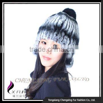 CX-C-116H Hand Knitted Beanie With Fur Ball Stock Rex Rabbit Fur Ladies Hats