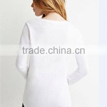 100% Cotton Long Sleeves t Shirt Women Curved-hem Pocket t Shirts Wholesale photo-3