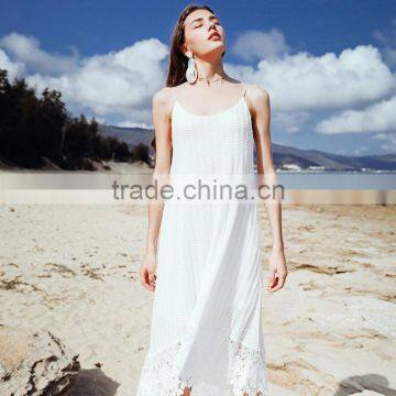 2017 New Design High Grade White Lace Stitching Beach Dress Low-neck Loose and Comfortable Sling Elegant Summer Dress for Women photo-3