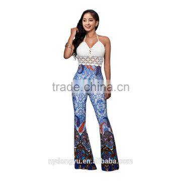 halter white blue bell bottomed pants and top set /19 color xayn printed wide legging flare trousers and top two piece set