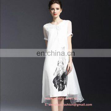 Elegant Female Classic Layered Short-sleeved Cotton Long Dress