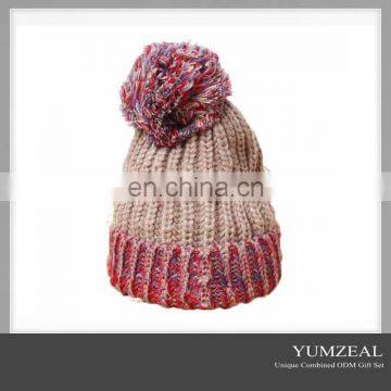 digital print cuff fold beanie pom pom cotton