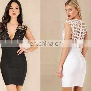 Women Sexy Sleeveless Deep V Hollow Out Cocktail Clubwear Party Mini Bandage Bodycon Dresses