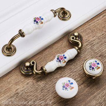 European-style Antique Copper Ceramic Handle Garden Horn Flower Wardrobe Door Drawer Drawer Cabinet Handle photo-2