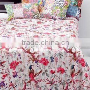 New Bird print Kantha Quilt Handstiched Kantha Work Bed Cover Throw Heavy Vintage Kantha Blanket