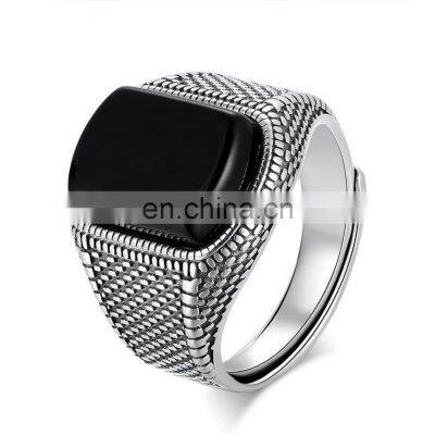 Turkish Jewelry Black Ring, Men Light-weight 6g Real 925 Sterling Silver Mens Rings Natural Agate Stone Vintage Cool Fashion/