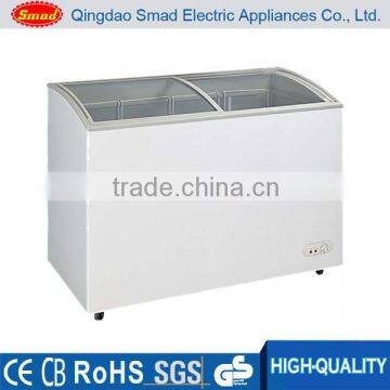 popular supermarket chest freezer with double sliding curved glass doors 318L