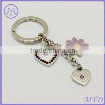 Fashion stainless steel key charms with metal flower and heart charms