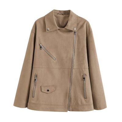 Women's Suede Texture Effect Motorcycle Style Lapel Jacket Jacket photo-4