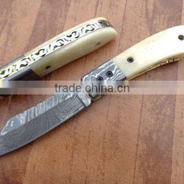 udk f15" custom handmade Damascus folding knife / pocket knife with Damascus booster and camel bone