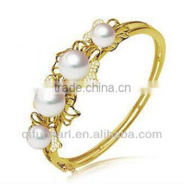 925 sterling silver bangle with yellow gold plated elegant freshwater pearl bangle