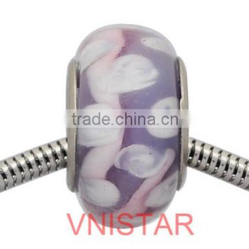 Vnistar stainless steel core purple glass beads with white flowers fit for european bracelet&DIY jewelry PGS004