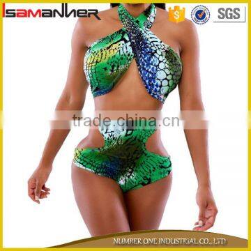 Lady swimwear green snakeskin pattern sexy microkini open girl beach bikini