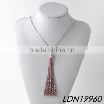 Garnet Color Glass Beads Tassel With Silver Chain Necklace