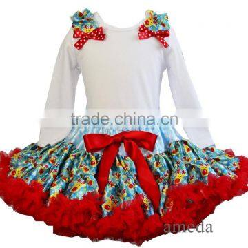 Xmas Blue Reindeer Pettiskirt Printed Ruffles Tutu White Tee Party Dress