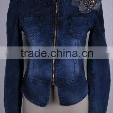 2015 new arrival fashion high quality beading decoration lady denim jacket with hood, denim jacket women wholesale China