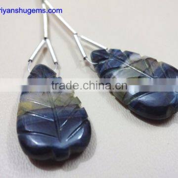 Blue Tiger Eye 14*32 Long Pear with carving, Pair 100% Natural gemstones AAA Quality product Hand made in India