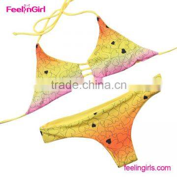 Yellow print heart bikinis woman swimwear