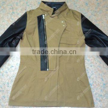 Khaki Denim Jacket With Leather Sleeves and Inside 100% Original DuPont Kevlar for Bike Ridding