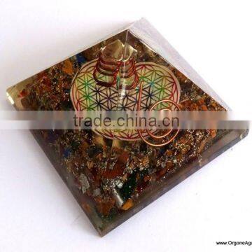 Quality Reiki Big Orgone Energy 7 Chakra Stone Pyramid With Flower Of Life Symbol And Crystal Point | India