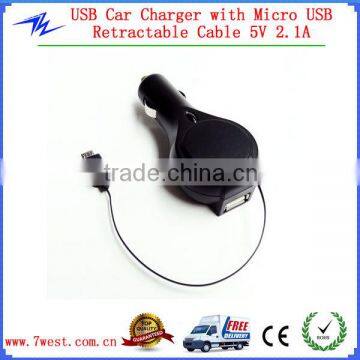 5V 2.1A Mini USB Car Charger with Retractable Micro USB Cable for smartphone