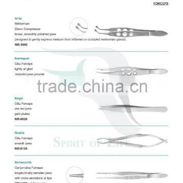 Arita Meibomian Gland Compressor, Barraquer Cilia Forceps, Regal Cilia Forceps slanted jaws, Gradle Cilia Forceps smooth jaws