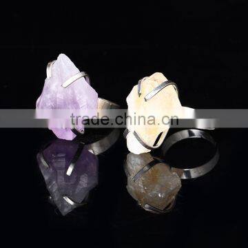 2 Tone Irregular Raw Amethyst Druzy Tuartz Stone Prong Set Ring Jewelry