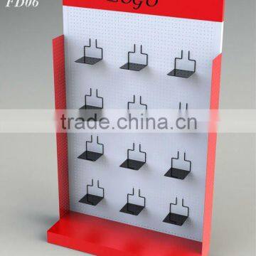 Store metal floor display stand with shelf / Pegboard display with shelves