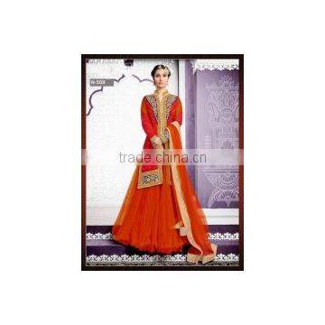 Sociability Orange Net Indo Western Lehenga Style Suit/wholesale anarkali suit in India