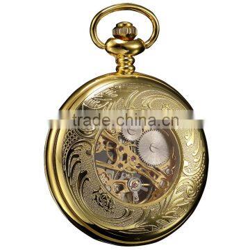 Skeleton Steampunk Transparent Half Hunter Roman Dial Gold Mechanical Pocket Watch photo-4