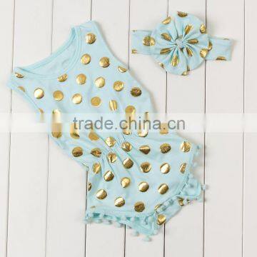 Wholesale Baby Girls Summer Clothes Romper Set With Pom Pom Gold Polka Dots Cotton Onesie