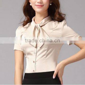 2016 Short Sleeve Women Formal Blouses Uniform Silk Satin Top photo-3