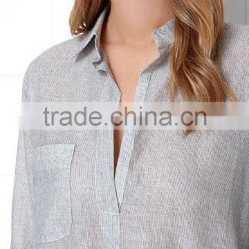 Loose Short Sleeve With Pocket Striped Design Lady Blouse photo-6