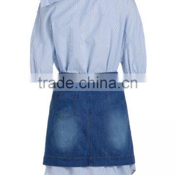 Ladies 100% Cotton Stripe Woven Combined New Jeans Dress/dress Sets photo-3