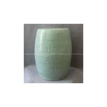 17.3inch Celadon hand carved lotus garden ceramic stools