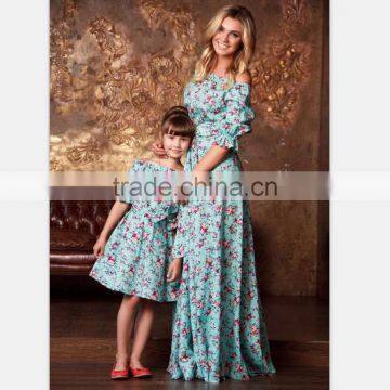 A word Shoulder Mother Daughter Matching Dress Polyester Floral Girl Dresses