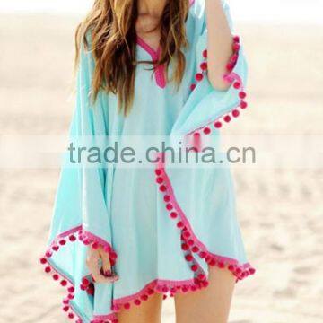 New Fancy Beautiful Beach Pom Pom tassel Kaftan beachwear tunic tops chiffon printed kurtis lace neckline pom pom hem short top