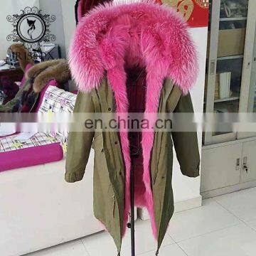 real pink color fox fur parka wholesale modern oversized fur trim coat for women