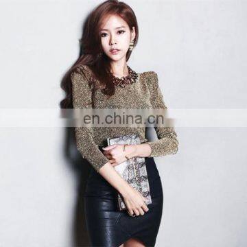 NO MOQ fast shipping long sleeve short leather skirt korean style two pieces set