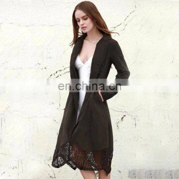 Fashion Lapel Design Khaki Lace Spliced Long Women Trench Coat photo-2
