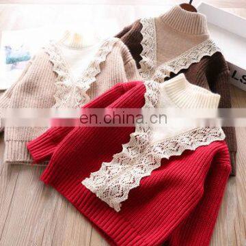 Girls 3 colors in lace color matching children stand-up collar sweater